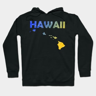 Colorful mandala art map of Hawaii with text in blue and yellow Hoodie